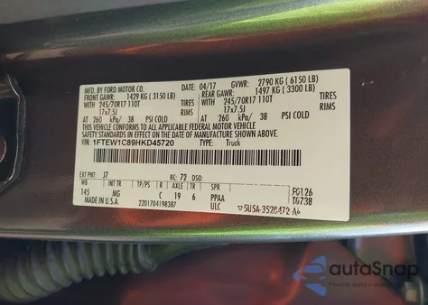 2017 Ford F-150 Xlt из США, поврежденный, VIN 1FTEW1C89HKD45720